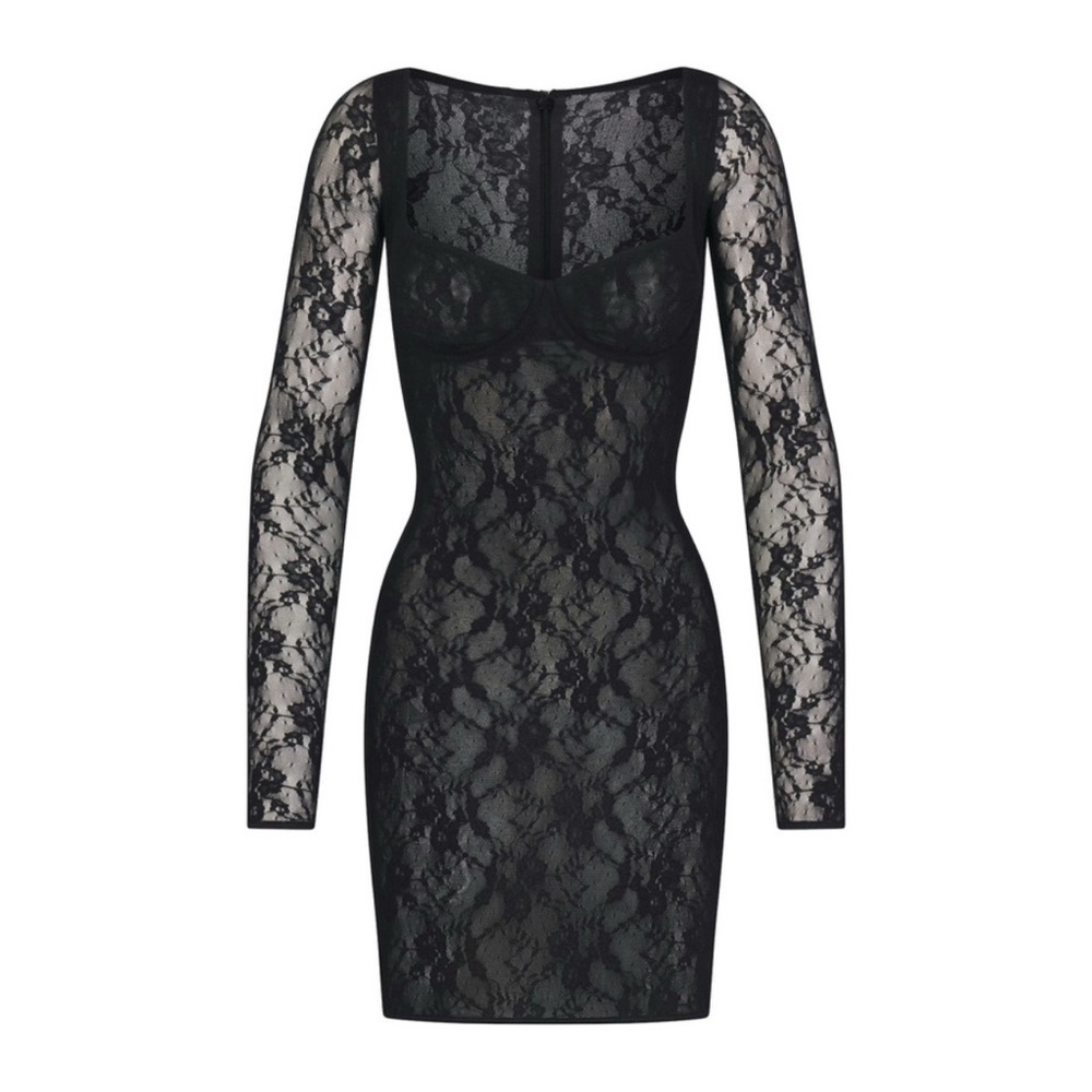 🖤Skims Lace Underwire Long Sleeve Mini Dress, Medium, Onyx, NWT / Rare DEADSTOCK